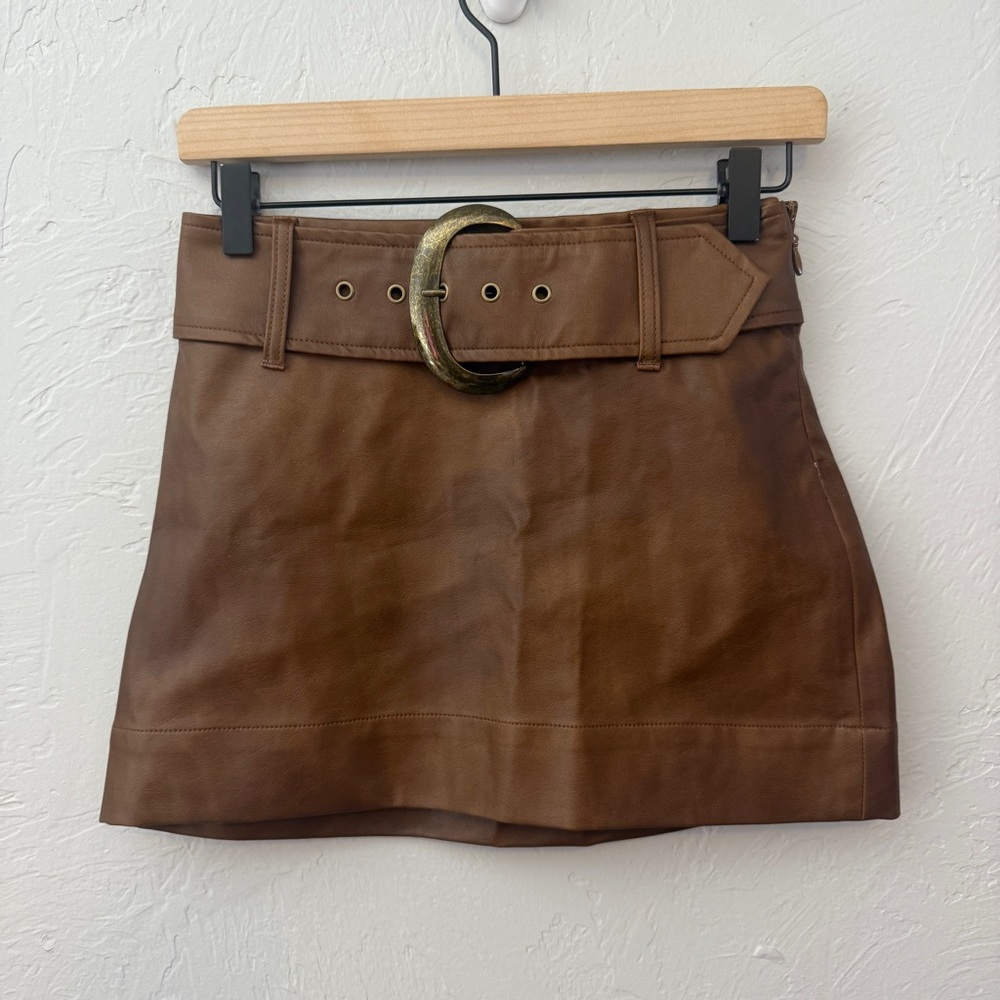 NEW Show Me Your Mumu Maverick Mini Skirt Chestnut Brown Faux Leather Belted - Picture 5 of 8